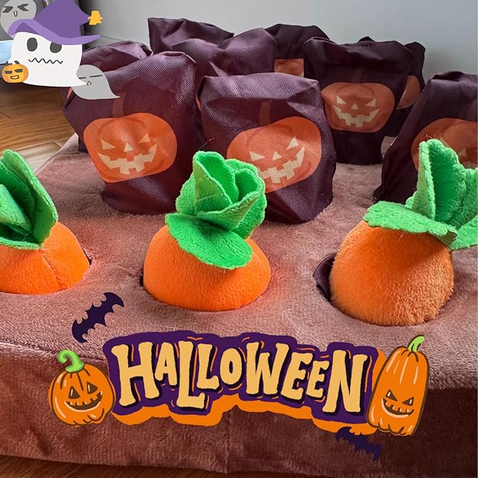 Carrot Patch Cat Toy Halloween Edition, Carrot Mat Pocket with Pumpkin Design, 12 Squeaky Carrot with Pockets and 6 Ghost-Themed Toys for Indoor Cats Kicking and Biting