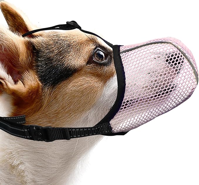 Dog Muzzle, Breathable Soft for Small Dogs to Anti & Prevent Barking Biting Chewing, Reflective & Adjustable Basket Muzzle with Air Mesh for Toy Poodles Pink S