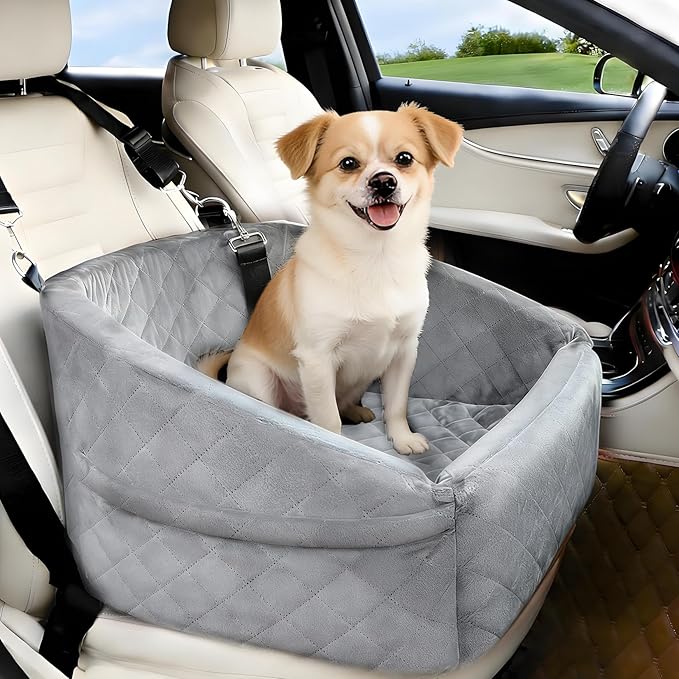 Dog Booster Car Seat, Comfy Dog Bed for Car with Safety Belt and Storage Pockets, Detachable Washable Pet Car Seat for Small Medium Sized Puppies Cats Under 30-35 LB