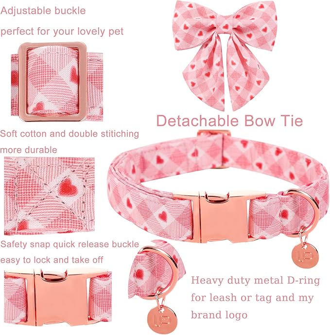 Valentine Dog Collar with Bow Tie, Valentine Bowtie Collar for Small Girl Boy Dog, Cotton Collar with Metal Buckle, Valentine’s Gift Pet Collar, S, Pink Plaid