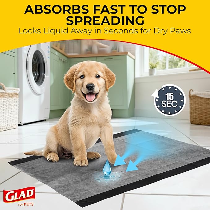 Glad for Pets JUMBO-SIZE Charcoal Puppy Pads, All-in-One | Black Training Pads That ABSORB & Neutralize Urine Instantly | New & Improved Quality Puppy Pee Pads, 30 Count - 6 Pack