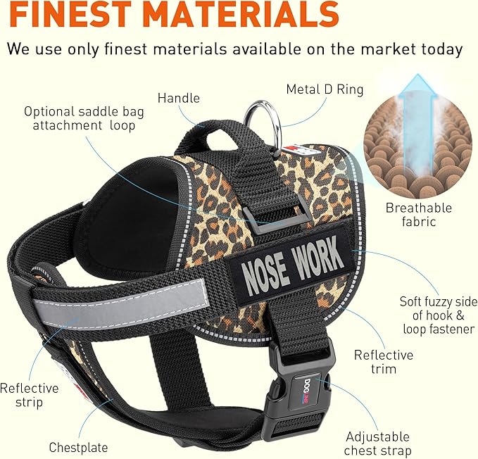 Dogline Unimax Dog Harness Vest with Nose Work Patches Reflective No-Pull, Adjustable Straps, Breathable Neoprene for Medical, Service, Identification and Training Dogs Girth 15 to 19" Leopard Brown