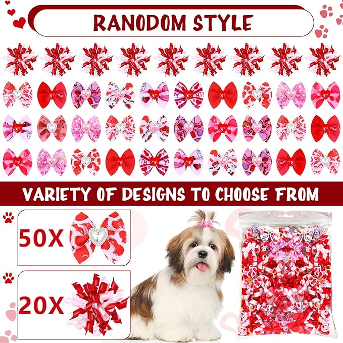 Weewooday 70 Pcs Dogs Hair Holiday Dog Bows Bowtie with Rubber Band Pet Hair Accessories Puppy Bowknot Topknot Pet Grooming Bow for Holiday Christmas Small Puppy Decor(Romantic Style)
