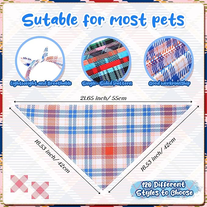 Amylove 120 Pcs Dog Bandanas Bulk Holiday Triangle Dog Pack Puppy Kerchief Bandana Adjustable Pet Scarf for Pet Cat Costume Accessories Decor(Plaid)