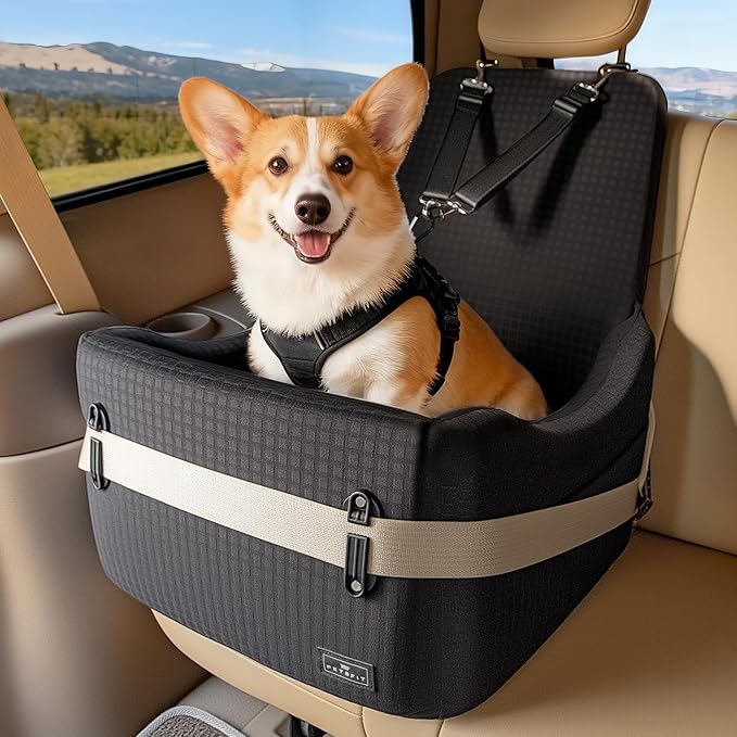PETSFIT Dog Booster Car Seat for Small/Medium Dogs Up to 35 lbs – Patented Safety System, 6" Memory Foam Pet Car Seat, Fully Detachable and Washable Cover, Front/Back Seat Travel Booster (Black)
