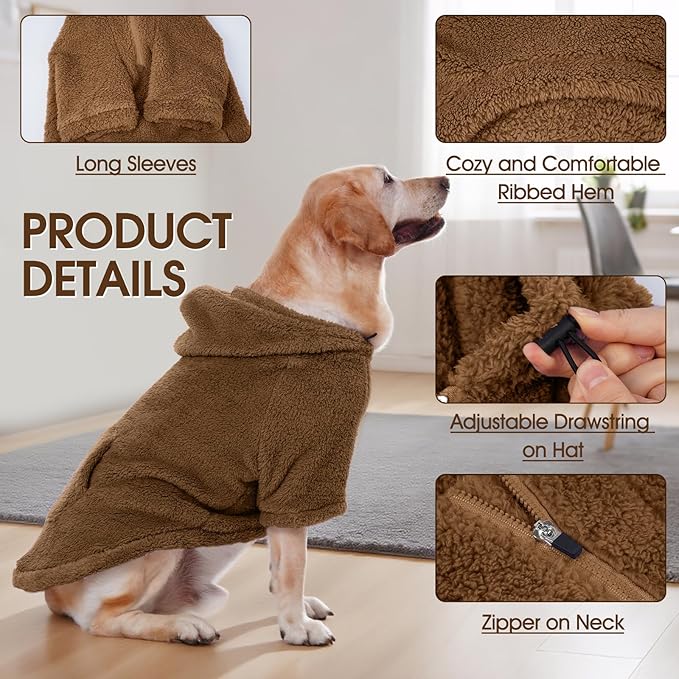 IDOMIK Fuzzy Dog Sweater with Adjustable Hood, Warm Fleece Dog Sweater Hoodie with Harness Hole & Pocket, Pullover Sweaters for Large Dogs, Fuzzy Hooded Sweatshirt for Fall Winter Christmas,Brown,XL