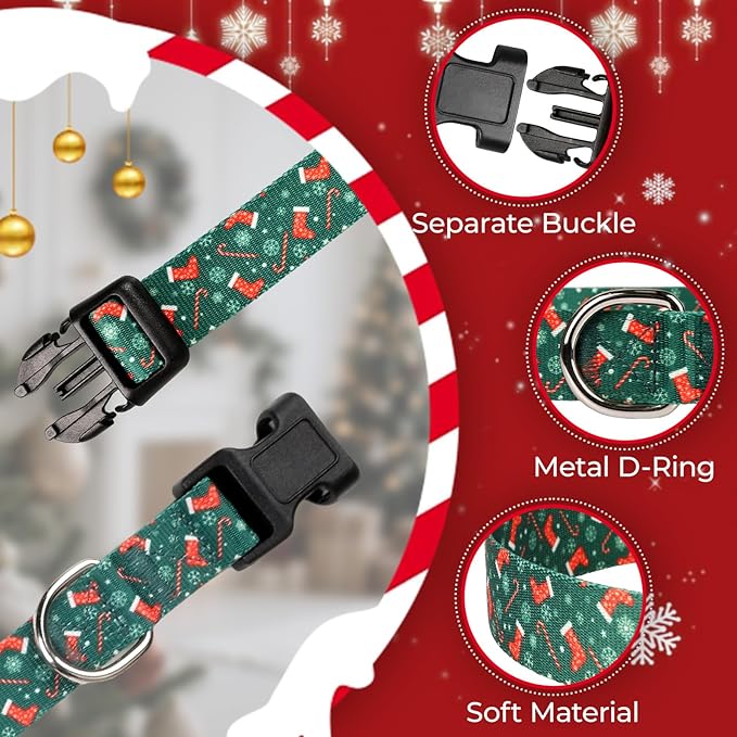 Christmas Dog Collar, Adorable Stocking Pattern Christmas Collar for Medium to Large Dogs - Comfortable & Cute Xmas Dog Collars, L