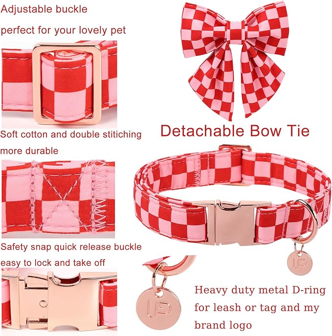 Red and Pink Plaid Dog Collarwith Bow Tie– Adjustable Red & Pink Checkered Dog Collar for Small Medium Large Dogs, Soft Xmas Plaid Puppy Collars with Quick Release Buckle XL