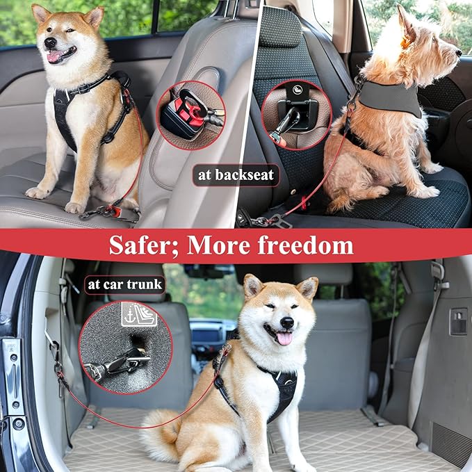 VIVAGLORY Dog Seat Belt Tuffbelt Dog Car Harness, Seatbelt with Clip & Hook for Car Travel, Chew Proof Anti Chew Unchewable Metal Safety Tether Restraint, M, Red