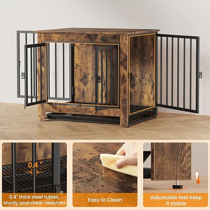 Dog Crate Furniture, 29 Inch Indoor Dog Kennel for Small Dogs Up to 30 LBS, Heavy Duty Wooden Pet Cage End Table with 3 Doors, Alloy Steel Frame & Removable Tray