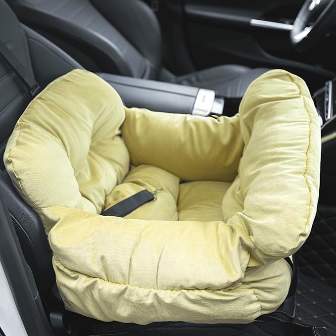 Pet Car Booster Seat, Soft Corduroy, Small Dog Cat Carrier with Safety Straps, Storage Pockets, 18x16x9 Inch, for Pets Under 25 lbs (Lemon Green)