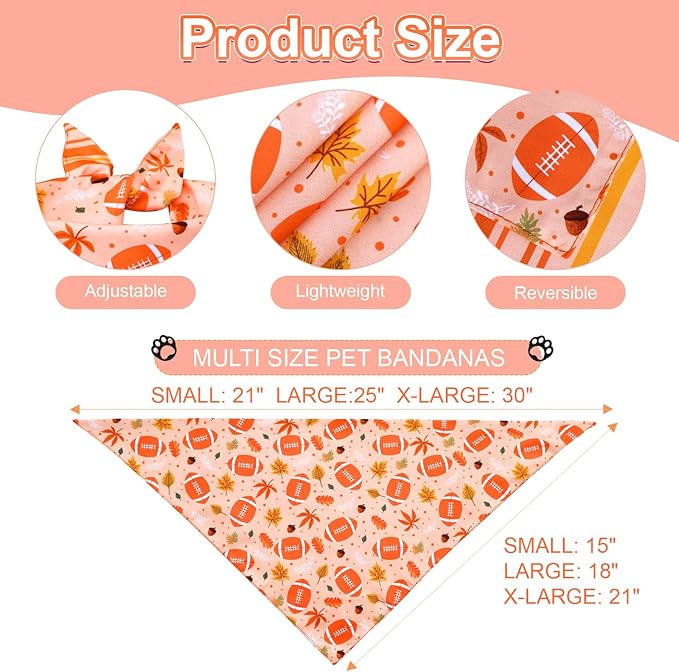 Thanksgiving Dog Bandanas XLarge 3PCS, 6 Pattern Fall Scarf for Boy and Girl, Pumpkin Leaves Rugby Triangle Reversible Bibs Breed for Puppy Pets