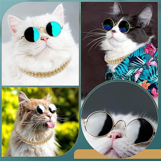 Xuniea 2 Pieces Cat Dog Chain Collar and Sunglasses Set Rhinestone Necklace with Secure Buckle Round Glasses for Doll Cat Dog Pet Accessories(12 Inch,Gold, Black)