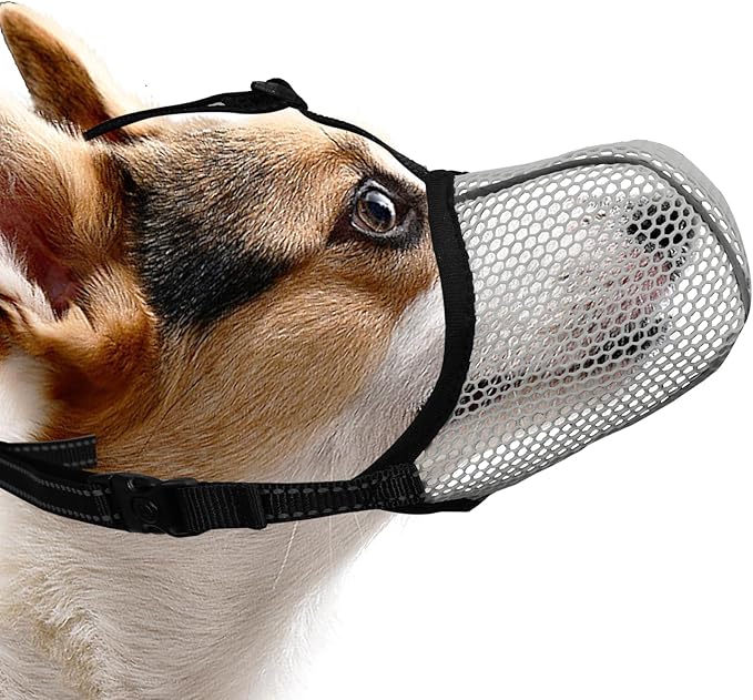 Dog Muzzle, Breathable Soft for Small Dogs to Anti & Prevent Barking Biting Chewing, Reflective & Adjustable Basket Muzzle with Air Mesh for Toy Poodles Grey S
