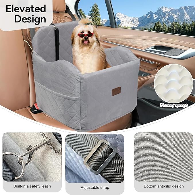 Juniverse Dog Booster Car Seat for Small to Medium Dogs Up to 30 lbs, Memory Foam, Washable Velvet Fabric Cover, Safety Leash, Storage Pockets, 19x19x19 Inches (Gray)