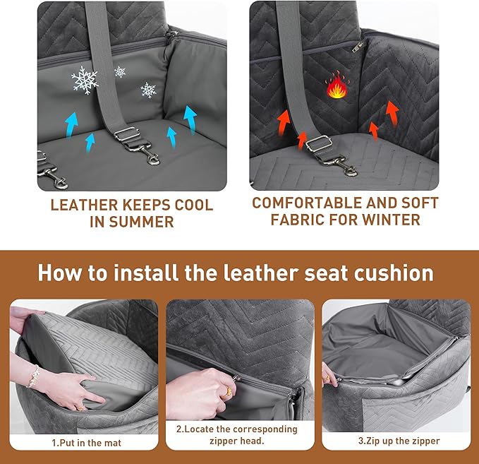 Dog Car Seat for Small/Medium Dogs Up to 30 lbs, Memory Foam Dog Booster Car Seats with Waterproof PU Cover, Pet Seat with Storage Pockets & 2 Safety Belt for Travel(Grey)
