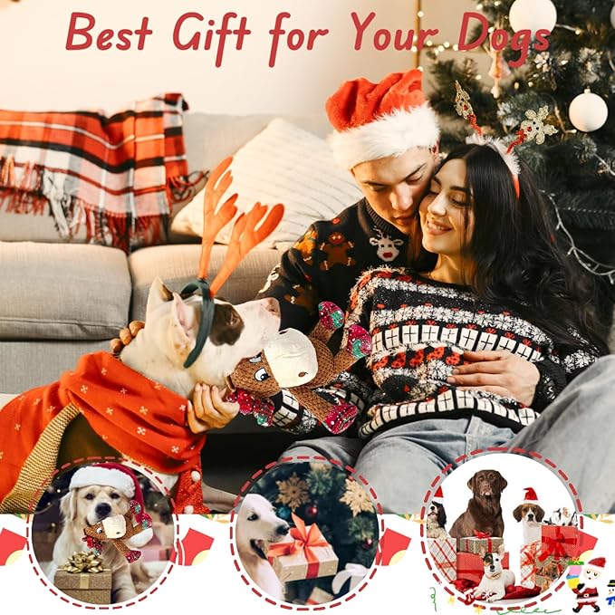 Christmas Dog Squeaky Toys with Crinkle, Xmas Interactive Plush Dog Toys, Dog Enrichment Chew Toys to Keep Them Busy, Dog Toys for Small Medium Large Dogs, Puppy Toys - Deer
