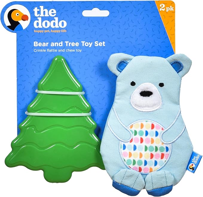 The Dodo Woodland Animals Stuffingless 2pc Dog Toy Set: Bear & Tree; No Plush Squeaky Bear Flattie Dog Toy + Rubber Tree Chew Toy; Durable Toys for Dogs