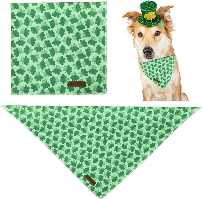 St. Patrick's Day Dog Bandana, Shamrock Triangle Bid Scarf, Cotton Green Bandana for Boy & Girl Dogs, Cute Spring Dog Kerchief