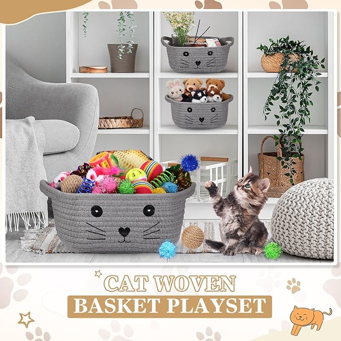Zopeal 58 Pcs Cat Storage Basket Gift Toys Set, Colorful Flashing Balls Pet Bell Crinkle Balls Spring Toys Attract Cat to Swat, Hunt, Interactive for Pet(Grey,9.8 Inch)