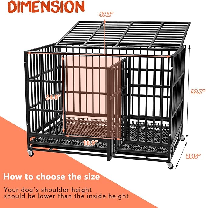 LEMBERI 48/42/38 Inch Heavy Duty Indestructible Dog Crate, Escape Proof Double Door Dog Kennel with Lockable Wheels, High Anxiety Extra Large Dog Cage Indoor Use, with Removable Tray