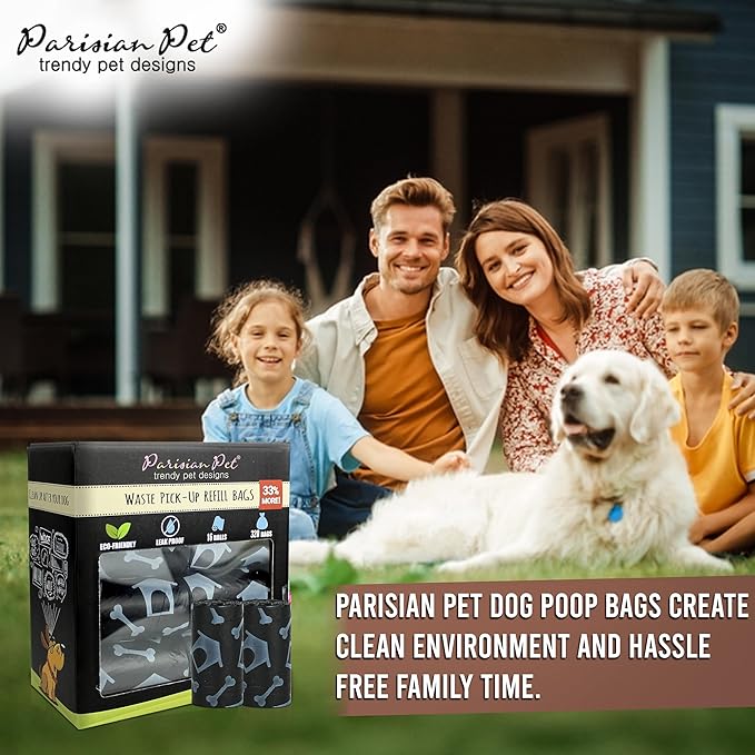 Parisian Pet Ecofriendly Dog Poop Bags Rolls - 320 Count Unscented Poop Bags for Dogs - Leakproof, Extra Thick, 16 Dog Waste Bags Refill Rolls - Printed Dog House Black Doggie Poop Bags
