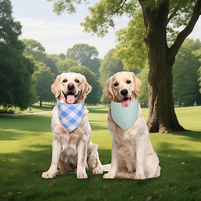 Plaid Dog Bandanas 2-Pack for Medium to Large Dogs - Reversible Gingham & Stripe Scarf, Blue & Mint Green Pet Accessory for Spring Summer
