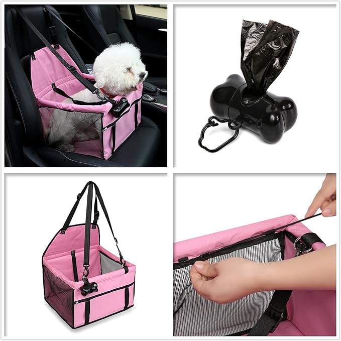 NO Collapse Dog Car Booster Seats Safety Seat Car Seat Cover with Dog Seat Belt Non Slip Carrier,Waterproof, Breathable, Portable, Foldable for Small Pets Animals Cat Puppy Pink