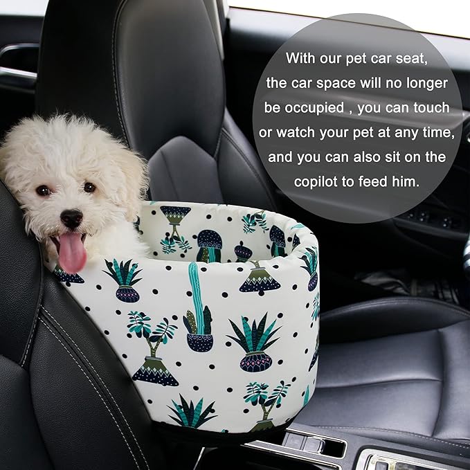 Pet Safety Booster Seat, Center Console Car Seat for Small Dogs Cats, Puppy Armrest Booster Seat, Pet Washable Travel Armrests Bed Bag, Removable Dog Car Seat for Small Pets Up to 13 Lbs (Cactus)