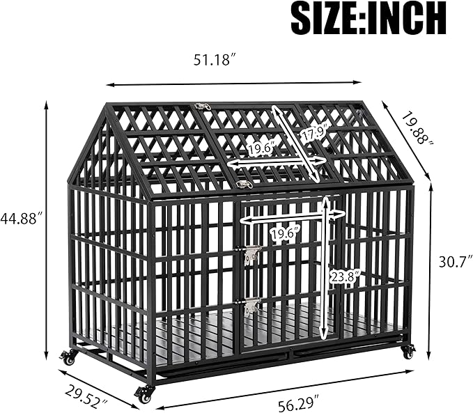 Heavy Duty Dog Crate, ACIDBOLT 52 Inch Indestructible Escape Proof XL Metal Dog Kennel Cage for Large Medium Small Dogs, Indoor High Anxiety Pet Crate with 2 Door, 4 Lockable Wheels and Removable Tray