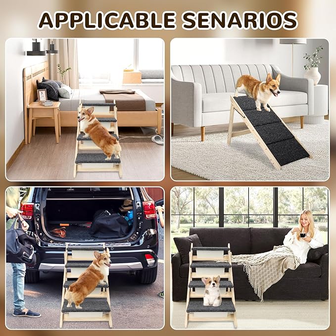 Foldable Dog Stair 2-in-1 with 4 Steps, New Zealand Pine Frame and Non-Slip Carpet Suitable for High Beds, Car,Couch, Durable Wooden Pet Stairs for Small Medium and Large Dogs, No Assembly Required