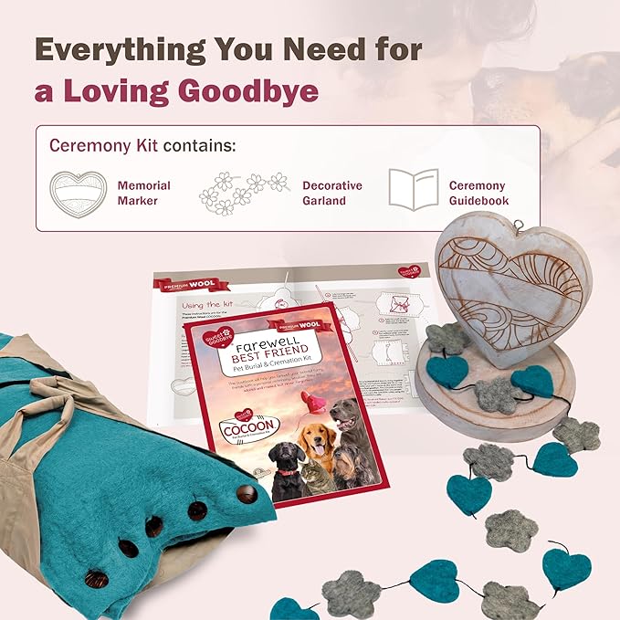 Cocoon® - Eco-Friendly Pet Burial & Cremation Ceremony Kit (Premium Wool) - Casket for Dogs and Cats – Size for Every Breed (Choose Size & Color) (Large, Teal Green)