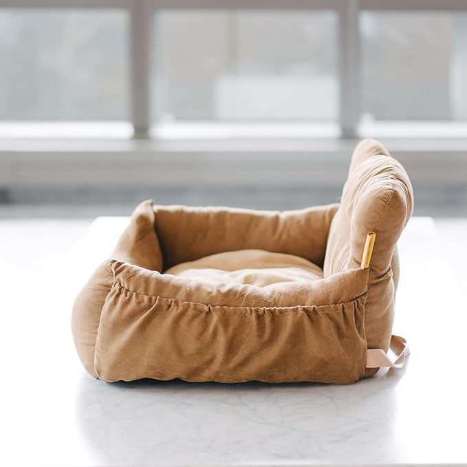 Futon Dog Car Bed for Small Dogs, Safety Seat Belt and Straps, Non-Slippery Bottom, Travel Bed, Elegant Design, Perfect for Dogs Under 25 Lbs
