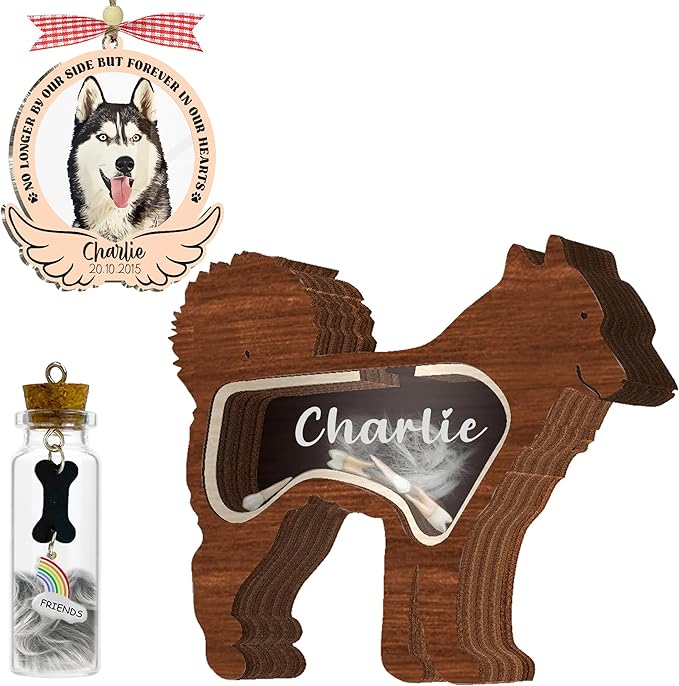 Personalized Siberian Husky Ashes Keepsake Box Wooden Pet Fur Gifts Unique Dog Shape Standable Table Decor Memorial Display Box for Small Urns Idea Gift Pet Lover Family Friend Storing Hair Teeth