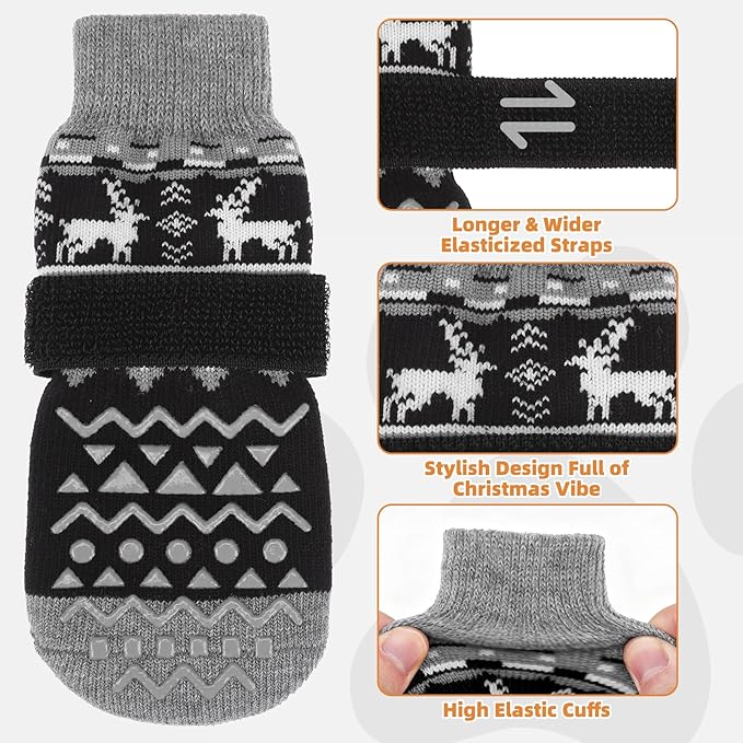 KOOLTAIL Dog Socks to Prevent Licking Paws, Dog Christmas Outfit Shoes for Winter Snow Pavement, Warm Fleece Pet Boots & Paw Protector for Hardwood Floors Anti Slip, Small Medium Large Senior Dogs, M