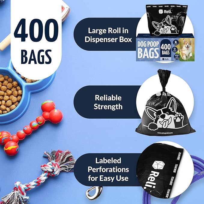 Reli. Dog Poop Bags (400 Bags - Large Single Roll) | Dispenser Box | 9x13" Large Doggie Poo Sack | Use for Yard Pickup | Bulk Single Roll | Unscented, Leak Proof (Black)