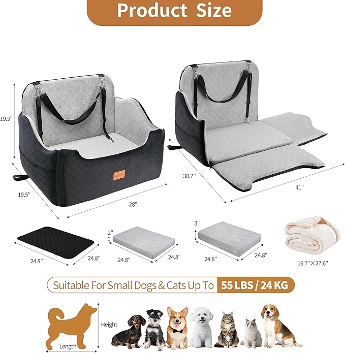 XEEP 2-in-1 Dog Car Seat for Medium/Large Dogs Up to 55 lbs – Dual-Use Booster Seat with Memory Foam, 2 Safety Leashes 2 Height-Adjust Cushions Bonus Urine Pad & Blanket, Removable Washable Cover Grey