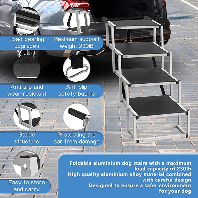 Dog Stairs for Large Dogs - 4 Step Wide 16in High 34in Foldable Dog Ramp for Car Non-Slip Surface Support up to 230lbs - Suitable for Sedans, Sofas, Beds