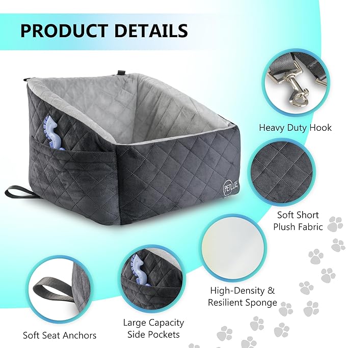 Dog Car Seat – Soft and Comfy Dog Booster Car Seat for Small, Medium Dogs Weighing Up to 30 lbs – Washable and Detachable Puppy Booster Seat with Strap and Pocket – Pet Travel Essential