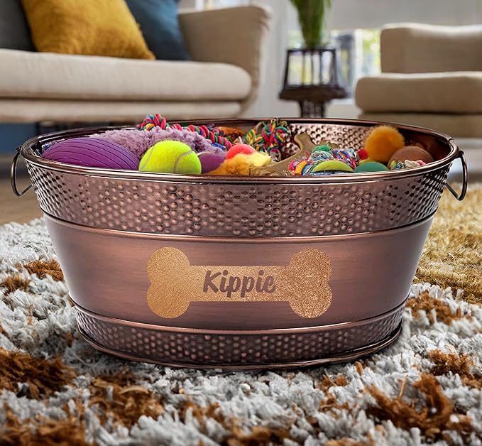 BREKX Personalized Metal Dog Toy Bin - Copper Galvanized Storage Bin with Handles, Basket for Pet Toys, Dog Toy Box, Pet Storage - Custom Dog Name Gift