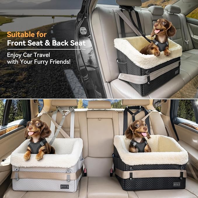 PETSFIT Small Dog Car Seat, Waterproof PU Leather Dog Booster Car Seat with Patented Safe Buckles, Detachable Washable Cushion, 2 Storage Pockets, Dog Car Seat Medium Sized Dog up to 30 lbs (Black)