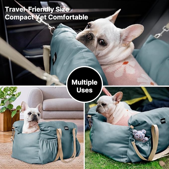 Dog Booster Car Seat for Small Dogs with Heavy Duty Safety Belt and Lock, Waterproof Detachable Dog Travel Bed for Car with Storage Pocket Up to 25lbs, Memory Foam Filling for Max Support
