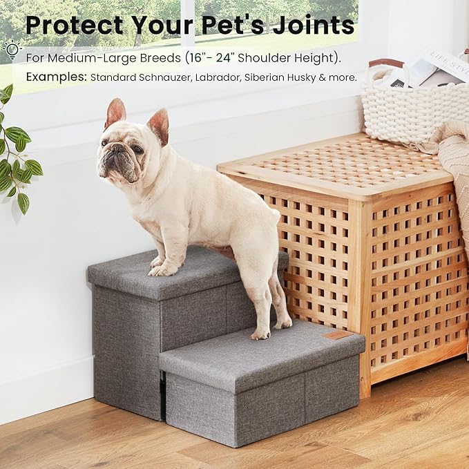 Love's cabin Dog Stairs with Storage 13" H,Foldable Pet Stairs for Small Medium or Large Dogs,Cat Puppy Steps Ramp with Zip up to 150 lbs(Solid Grey,2 Steps no Condo)