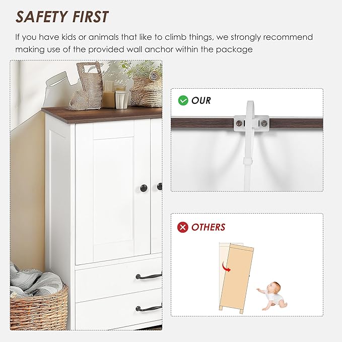 Dog Feeding Station,Double Door Locker with 2 Adjustable Bowls,Pet Food Storage Pet Feeder Cabinet Container with Dog Raised Bowls and Hanger for Feeding & Watering Supplies (White)