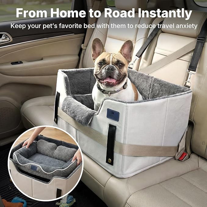 Veehoo 2-in-1 Dog Car Seat & Pet Bed, Portable Dog Booster Car Seats for Medium Small Dogs, Travel Cars Seat with Safety Leash, Non-Slip Bottom & Removable Washable Cover