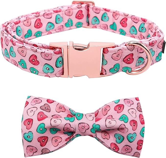 Maca Bates Valentine's Day Dog Collar with Fancy Bow for Medium Girl Boy Dogs,Pink Love Hearts Pattern,Adjustable Durable Soft Valentine Gift for Female Male Puppy
