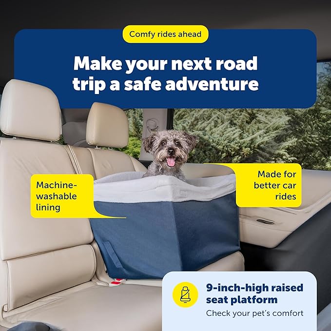 PetSafe Happy Ride Dog Safety Seat - Protects Car Seats from Hair & Scratches - Elevated Design for Better View - Machine Washable Fleece Liner - for Dogs Up to 30 lb - Navy
