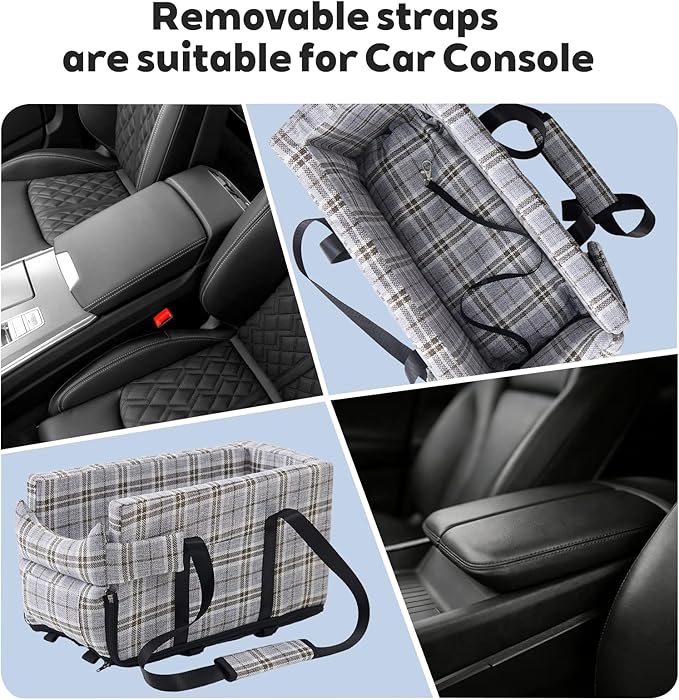 Dog Car Seat for Small Dogs - Portable Center Console Booster Seat with Anti-Collapse Design & Safety Tethers, Pet Travel Carseat Up to 15 lbs -Grey
