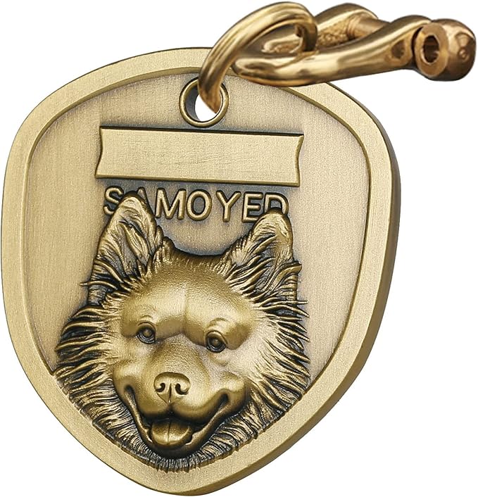Vintage Pure Copper Pet ID Tags,Personalized Dog Tags,Three-Dimensional Relief Pet Pattern,Lettering on The Front and Back,Custom Pet Tags (A09-Samoyed)