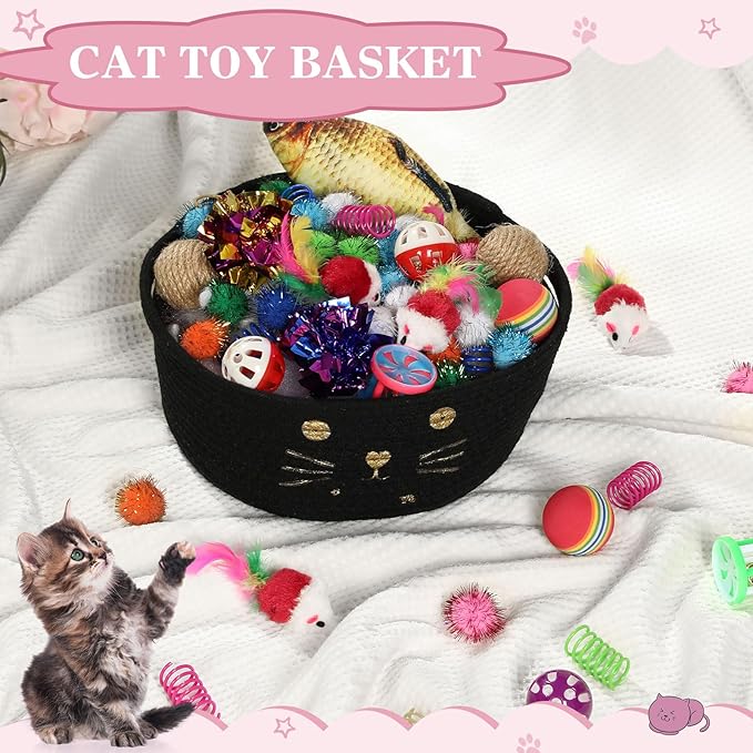 Zopeal 58 Pcs Cat Storage Basket Gift Toys Set, Colorful Flashing Balls Pet Bell Crinkle Balls Spring Toys Attract Cat to Swat, Hunt, Interactive for Pet(Black,9.8 Inch)